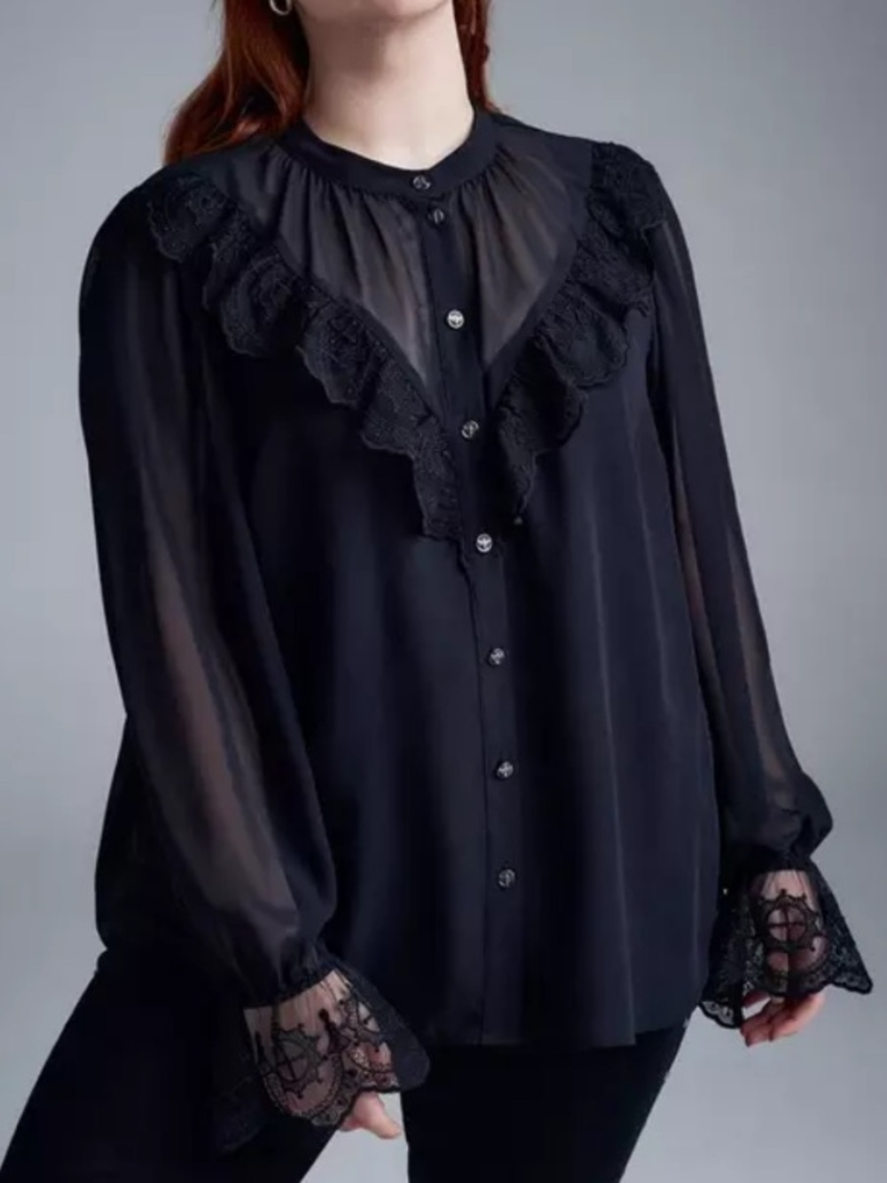 TORRID Nightfall Black Lace-Trim Button Front Ruffle Blouse